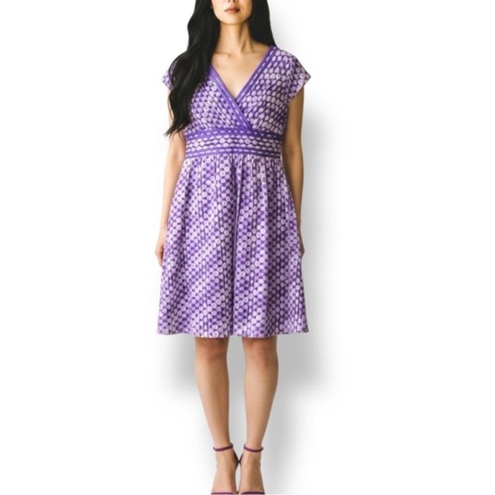 4/$20 Coldwater Creek Purple Polka Dot Midi Dress Empire Waist V Neck Fit Flare
